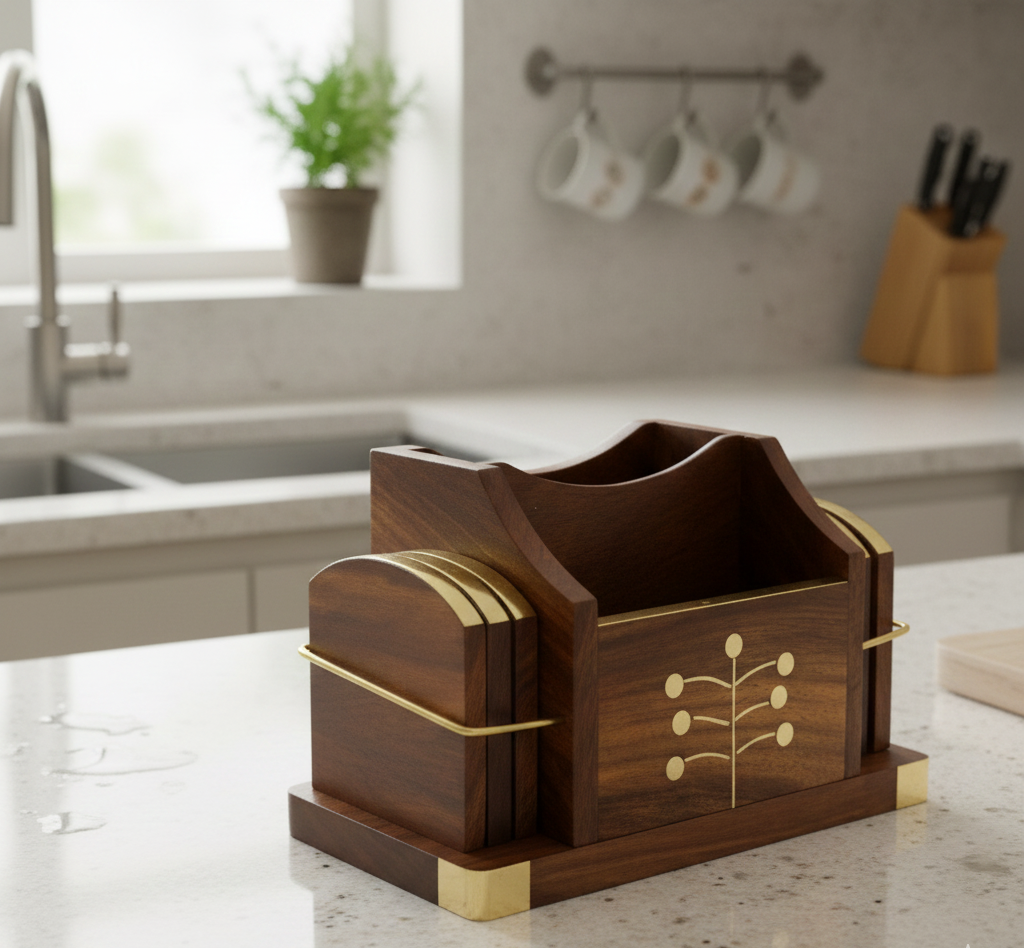 Multipurpose Wooden Cutlery Stand & Coaster Set - 6 inch x 4 inch x 3.3 inch