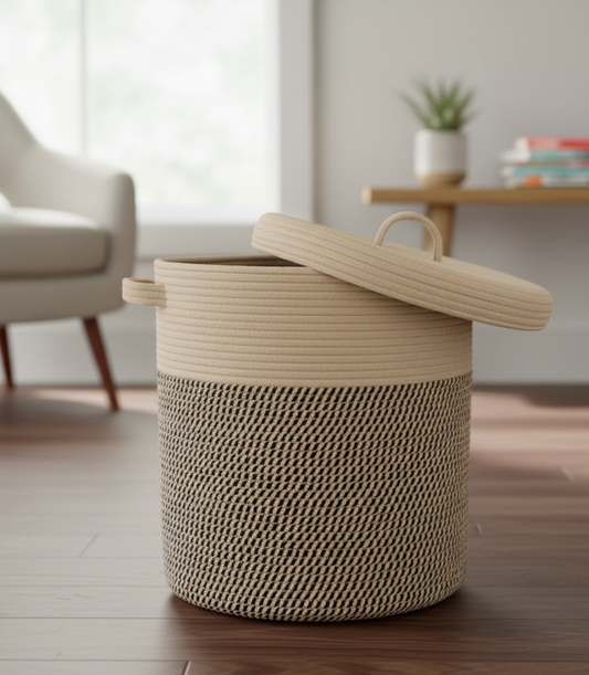 Beige & Black Cotton Storage Basket with Lid - Small, Medium & Large