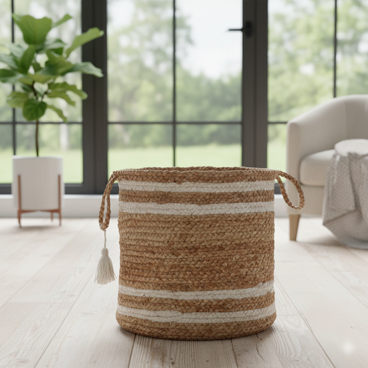 Beige & White Jute Storage Basket / Planter - Multiple Sizes