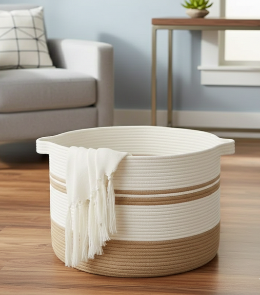 White & Beige Cotton Laundry Organizer - Small, Medium, Large