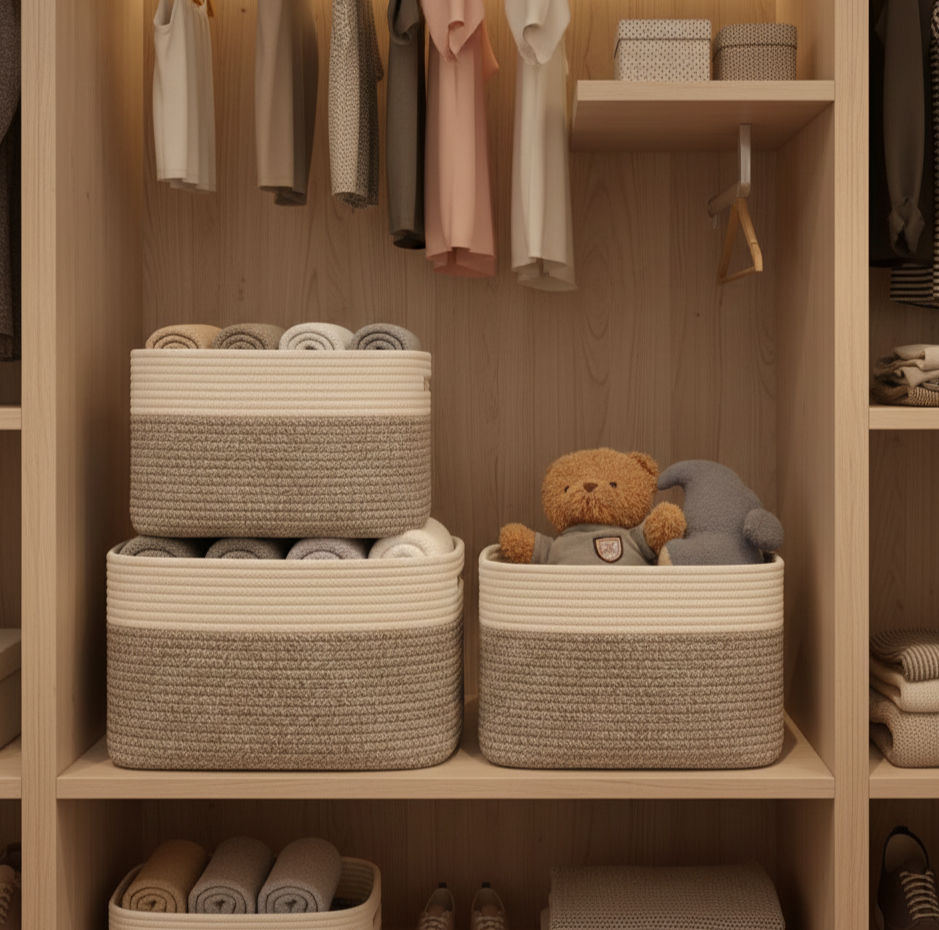 White Grey Storage Baskets for Shelves - 15 x 10 x 9.5 inch - Customize