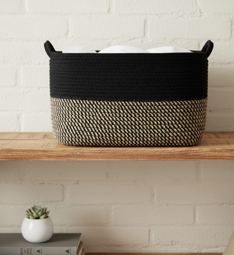 Black Cotton Shelf & Storage Basket with Handle - Customizable