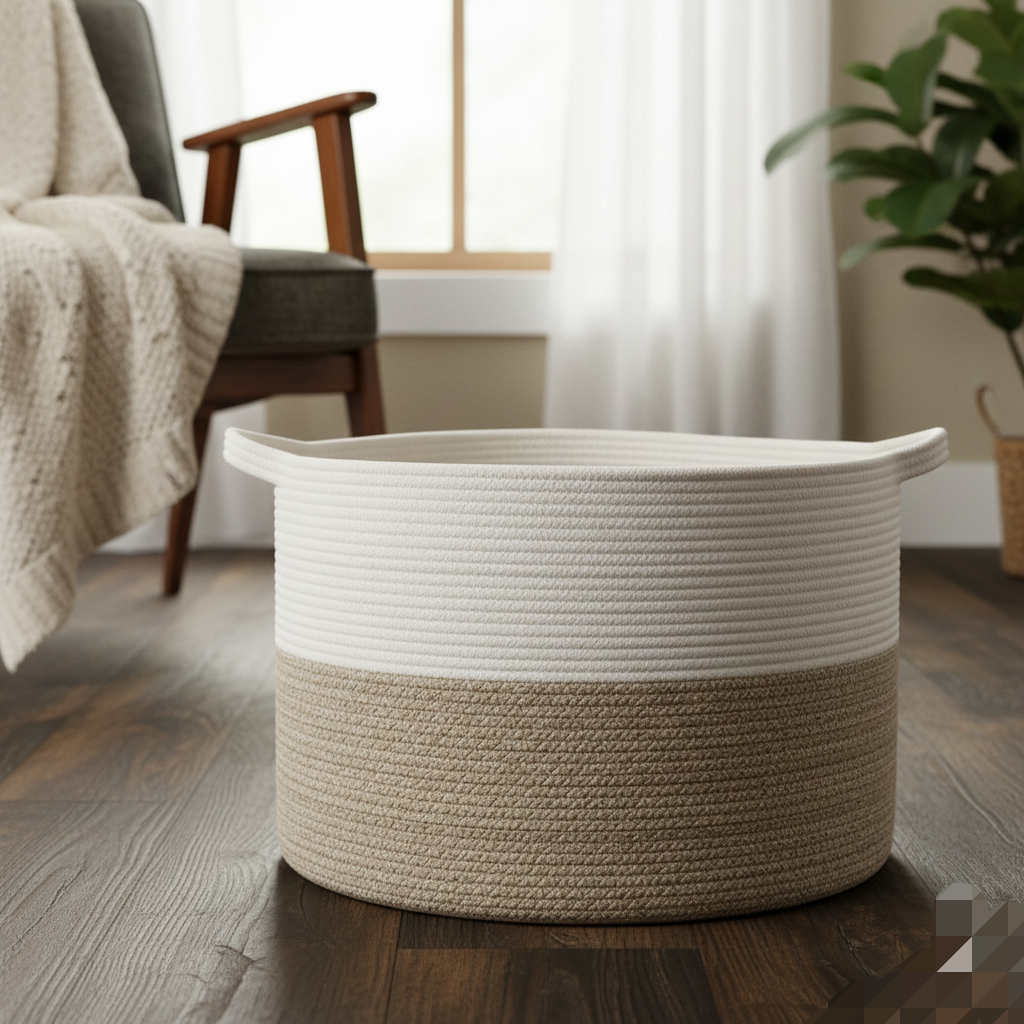 White & Brown Cotton Laundry Organiser - Medium, Large