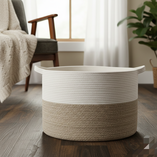 White & Brown Cotton Laundry Organiser - Medium, Large