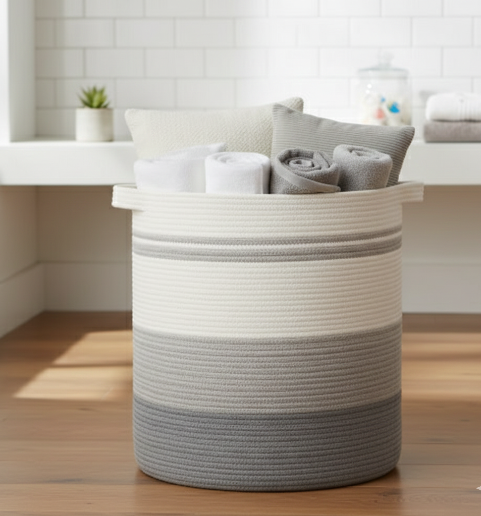 White, Grey Cotton Laundry Basket & Storage Organiser with Handles - Medium, Large
