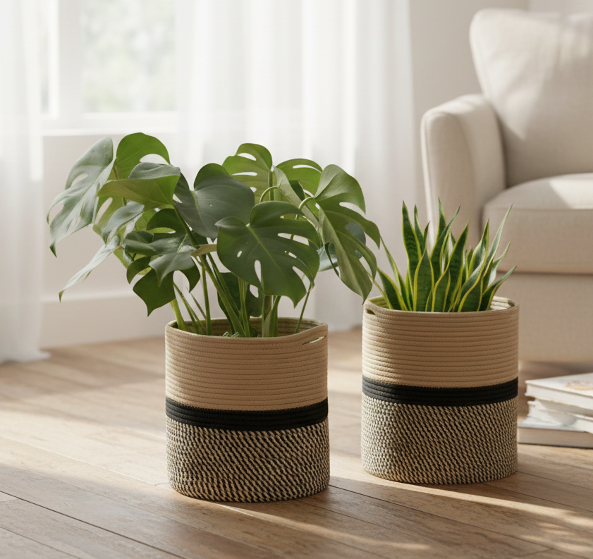 Beige & Black Cotton Planter & Organizer Basket - Multiple Sizes