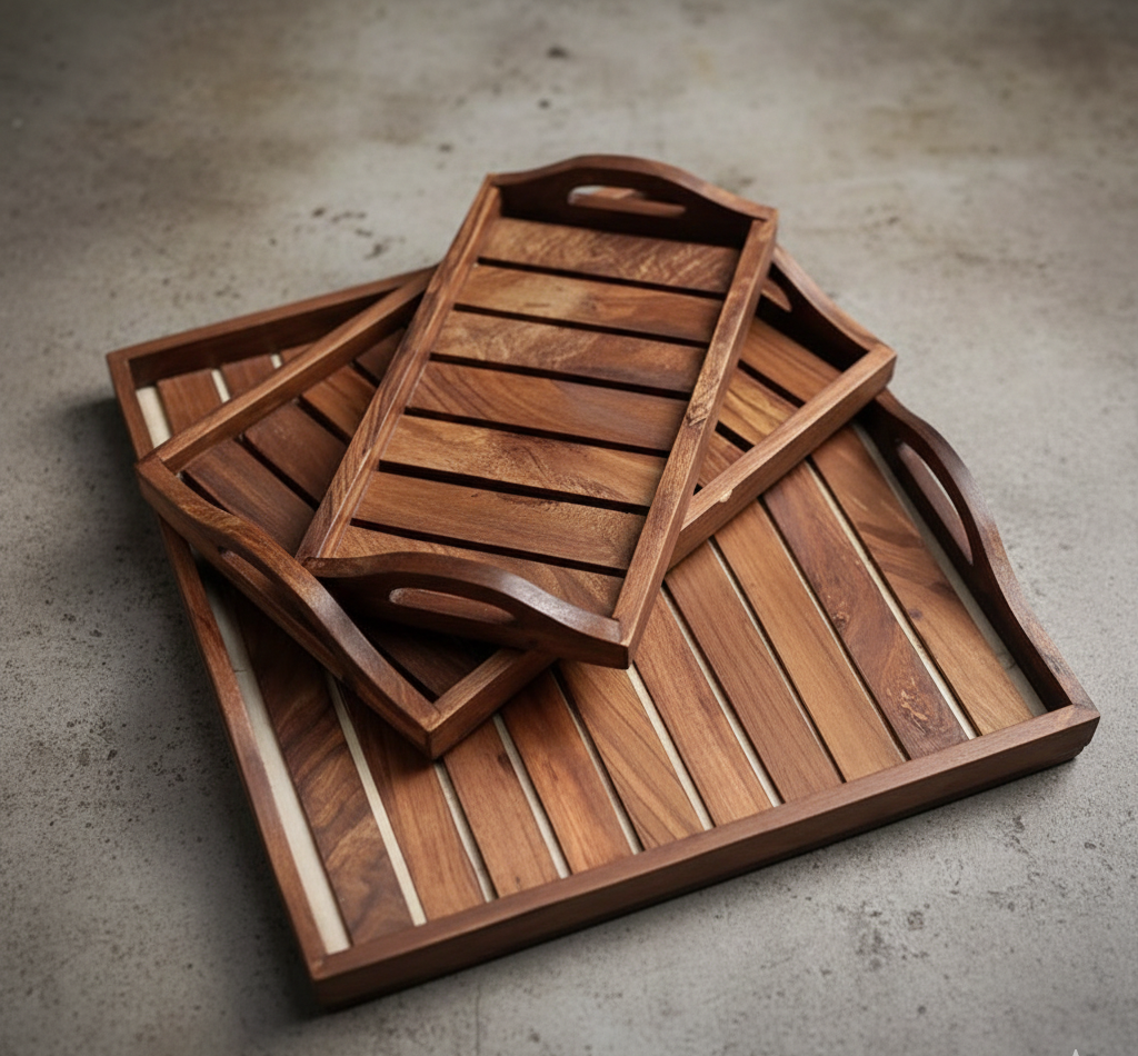 Handcrafted Wooden Sheesham Wood Trays - Set of 3 - Small, Medium, Large