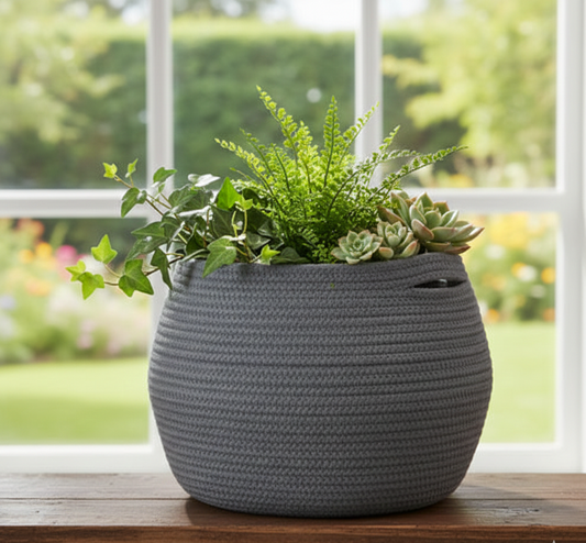 Grey Cotton Round Storage Basket / Planter - Multiple Sizes