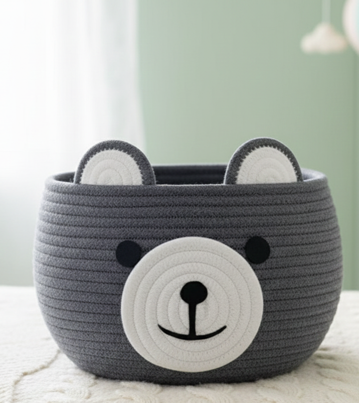 Kids Grey Bear Cotton Organizer Basket / Planter - Customizable