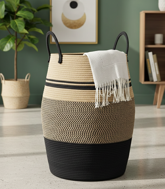 Black & Beige Natural Fiber Laundry Clothes Basket - Multiple Sizes