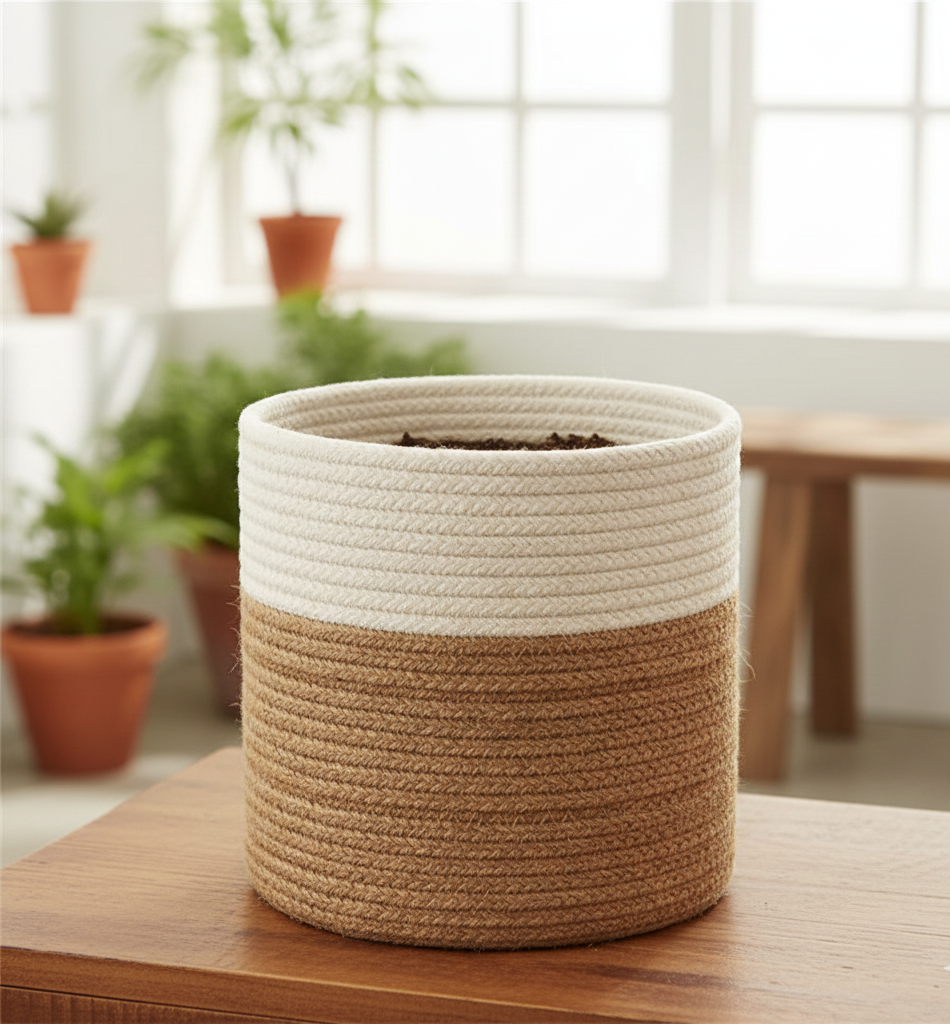 White & Beige Cotton Storage Basket / Planter - Multiple Sizes