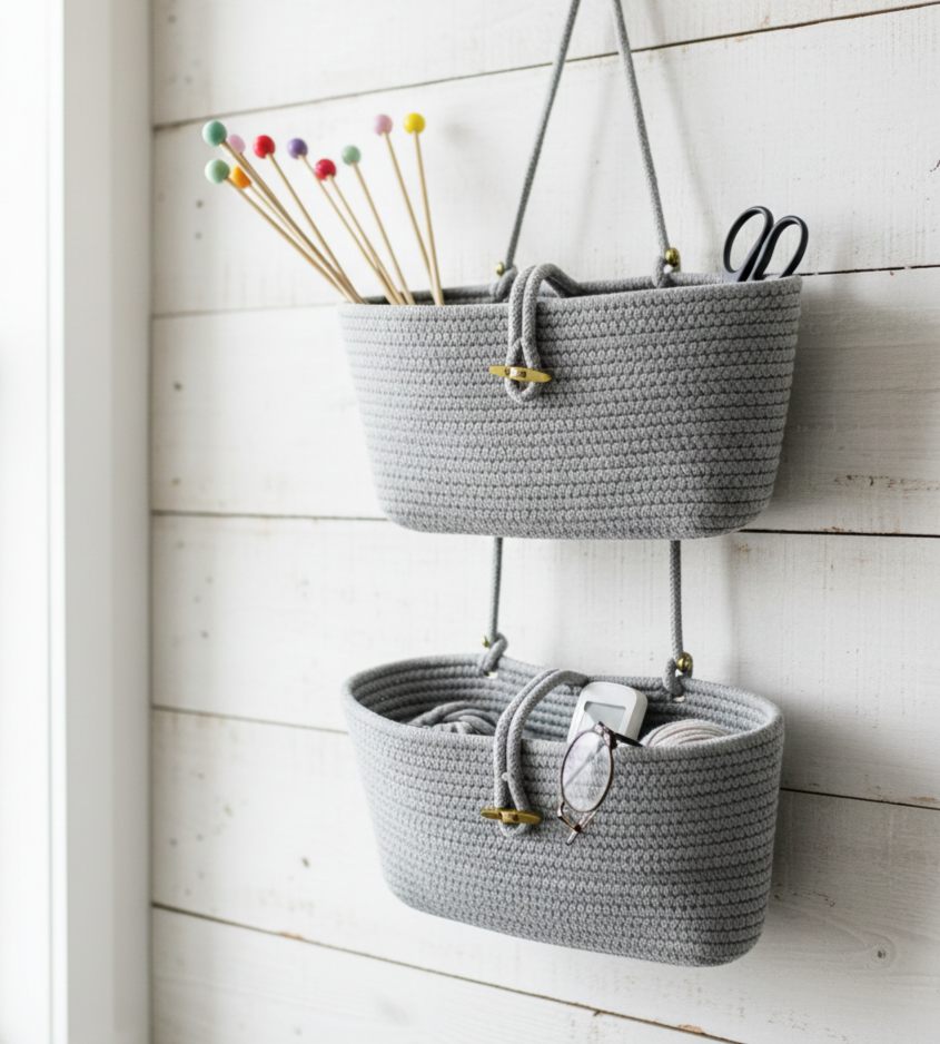3 Wall Hanging Cotton Baskets - Gray - Customizable