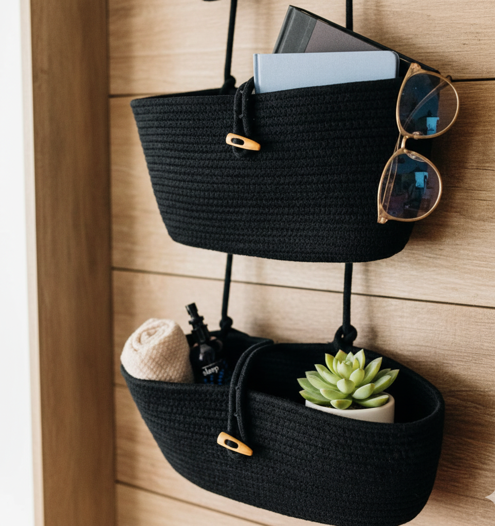 3 Wall Hanging Cotton Baskets - Black- Customizable