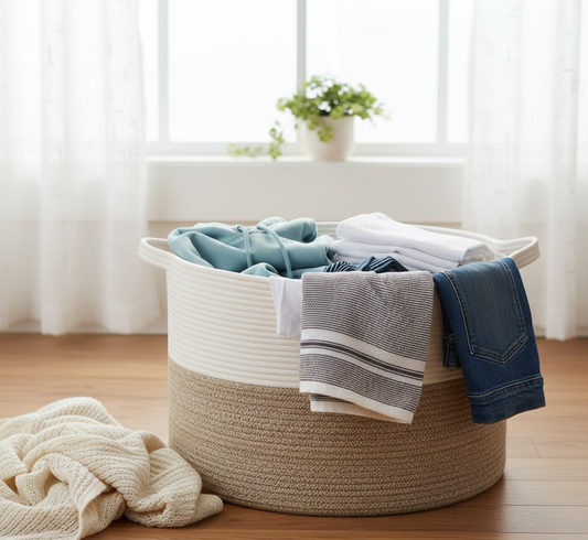 White & Brown Cotton Laundry Organiser - Medium, Large