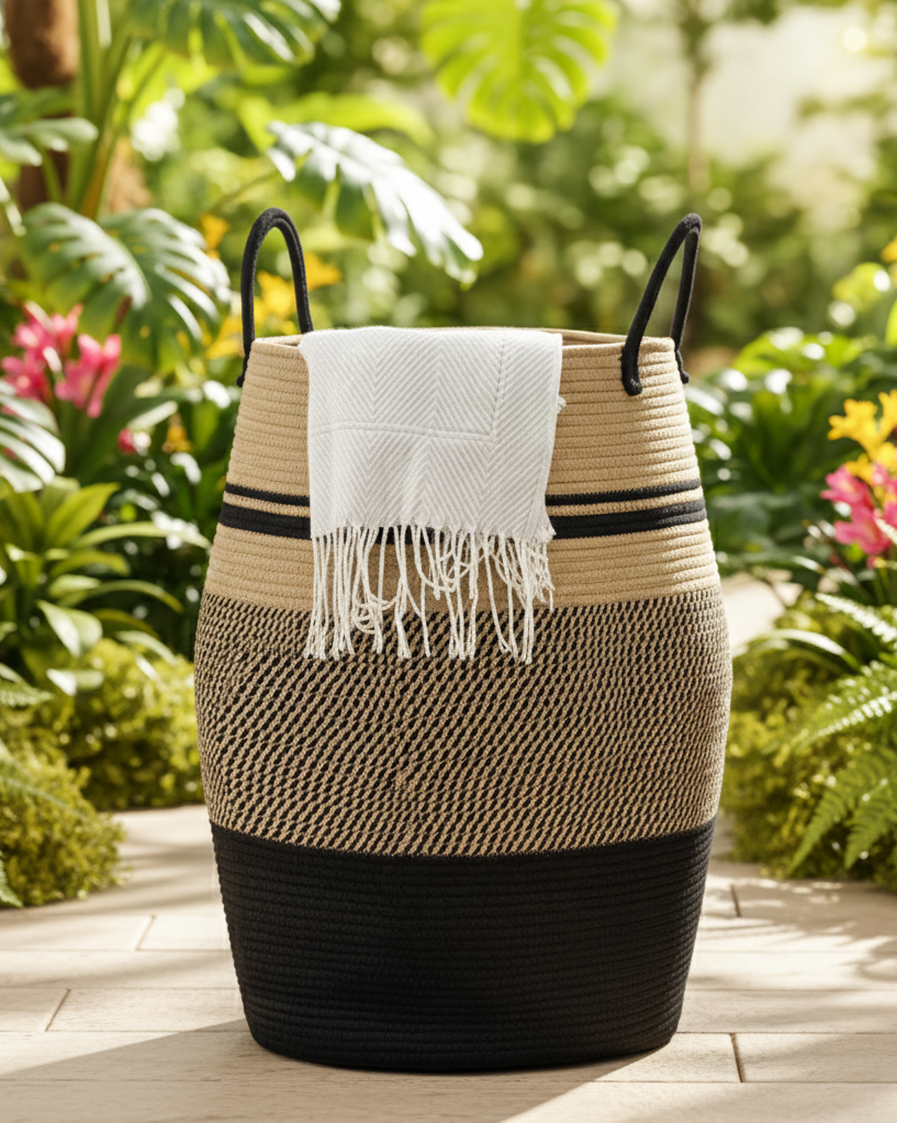 Black & Beige Natural Fiber Laundry Clothes Basket - Multiple Sizes