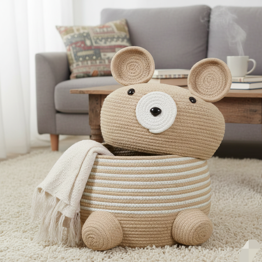 Handcrafted Bear Kids Storage Basket with Lid - Multiple Colors