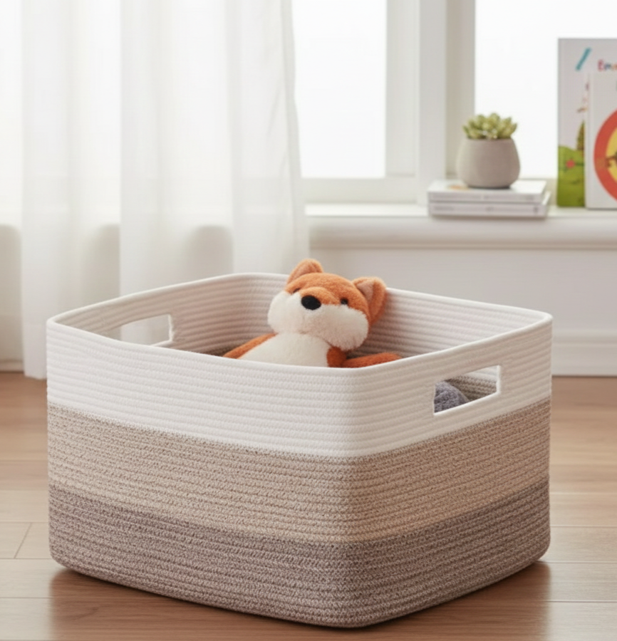 White & Brown Storage Basket with Handle - Medium, Large