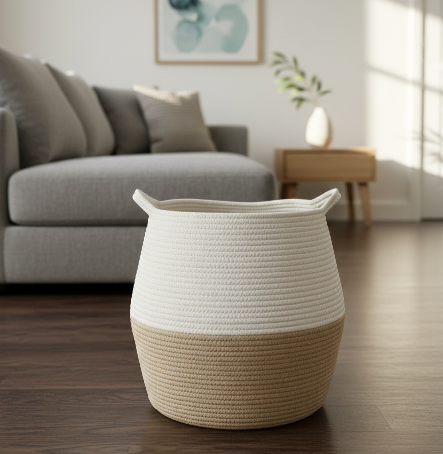 White & Beige Contemporary Cotton Basket - 16 inch x 16 inch x 12 inch