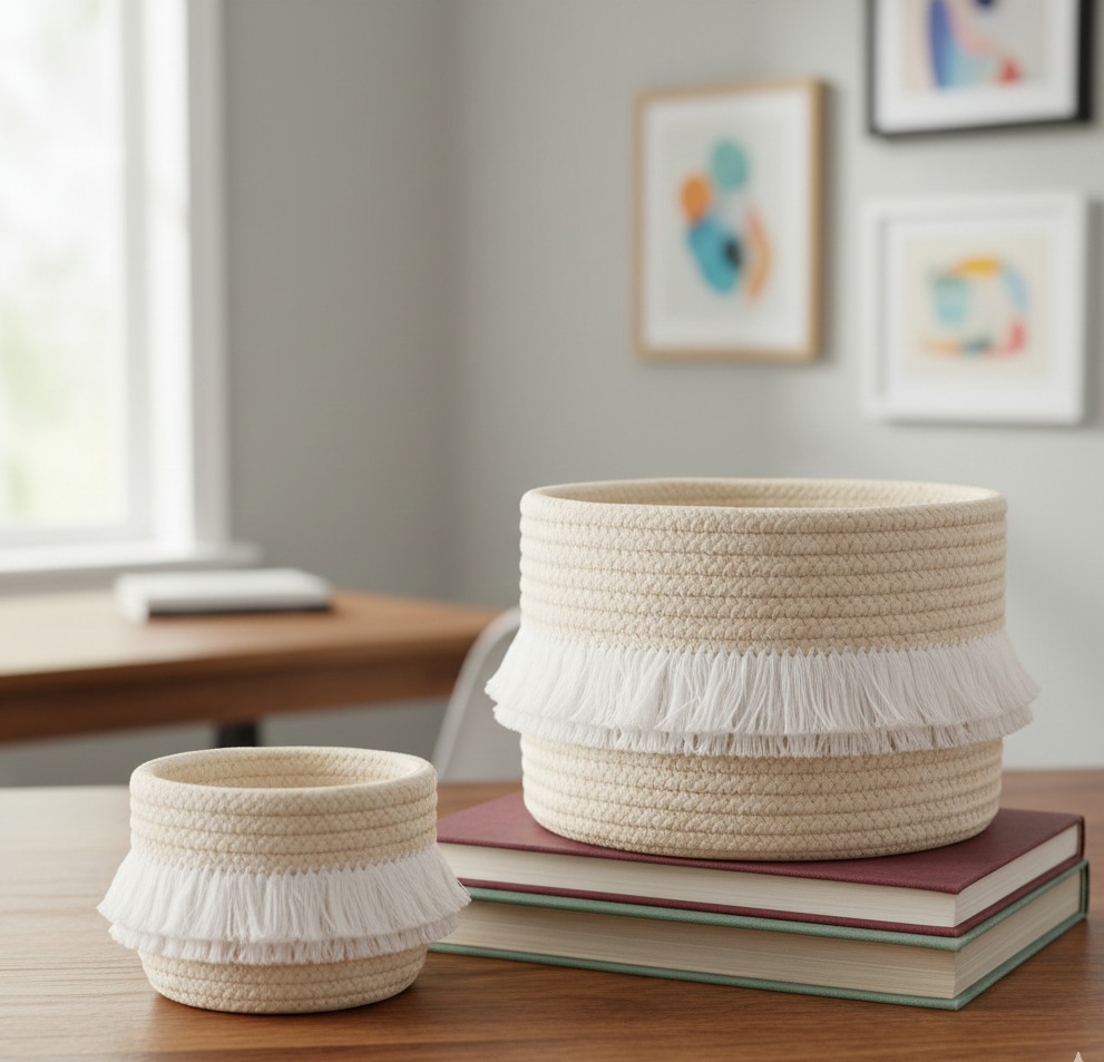 Beige Cotton Fancy Storage Basket / Planter - Multiple Sizes