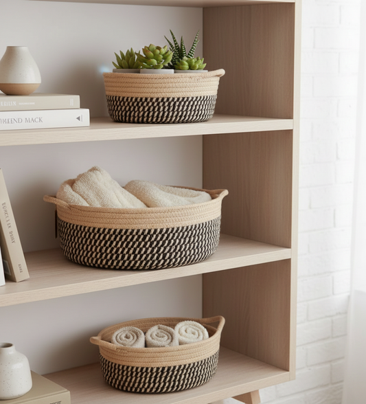 Beige & Black Cotton Shelf & Storage Basket - Set of 3
