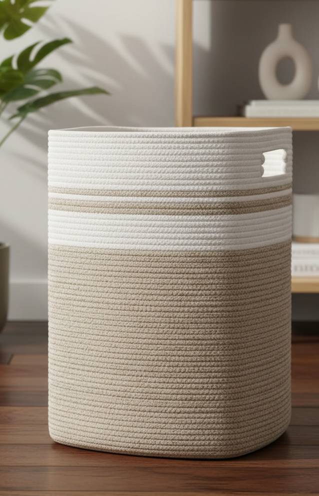 Beige & White Foldable Cotton Storage bin- 22 inch x 17 inch x 13 inch; 75L