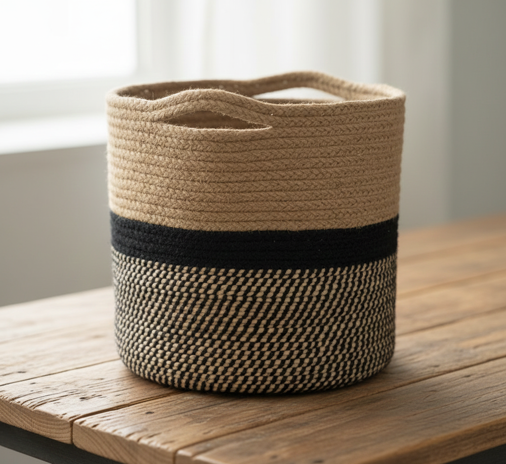 Beige & Black Cotton Planter & Organizer Basket - Multiple Sizes