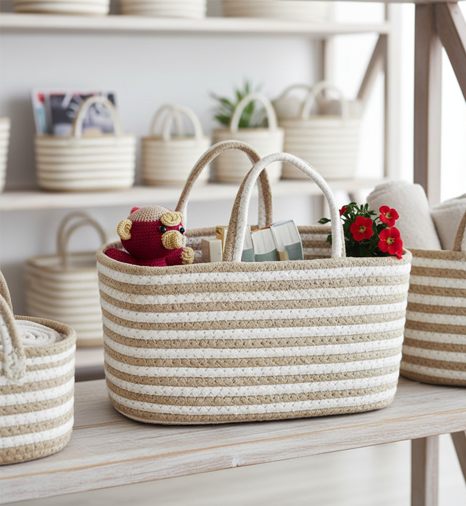 White & Brown Cotton Basket with Handle - 9 x 5 x 5 inch - Customizable