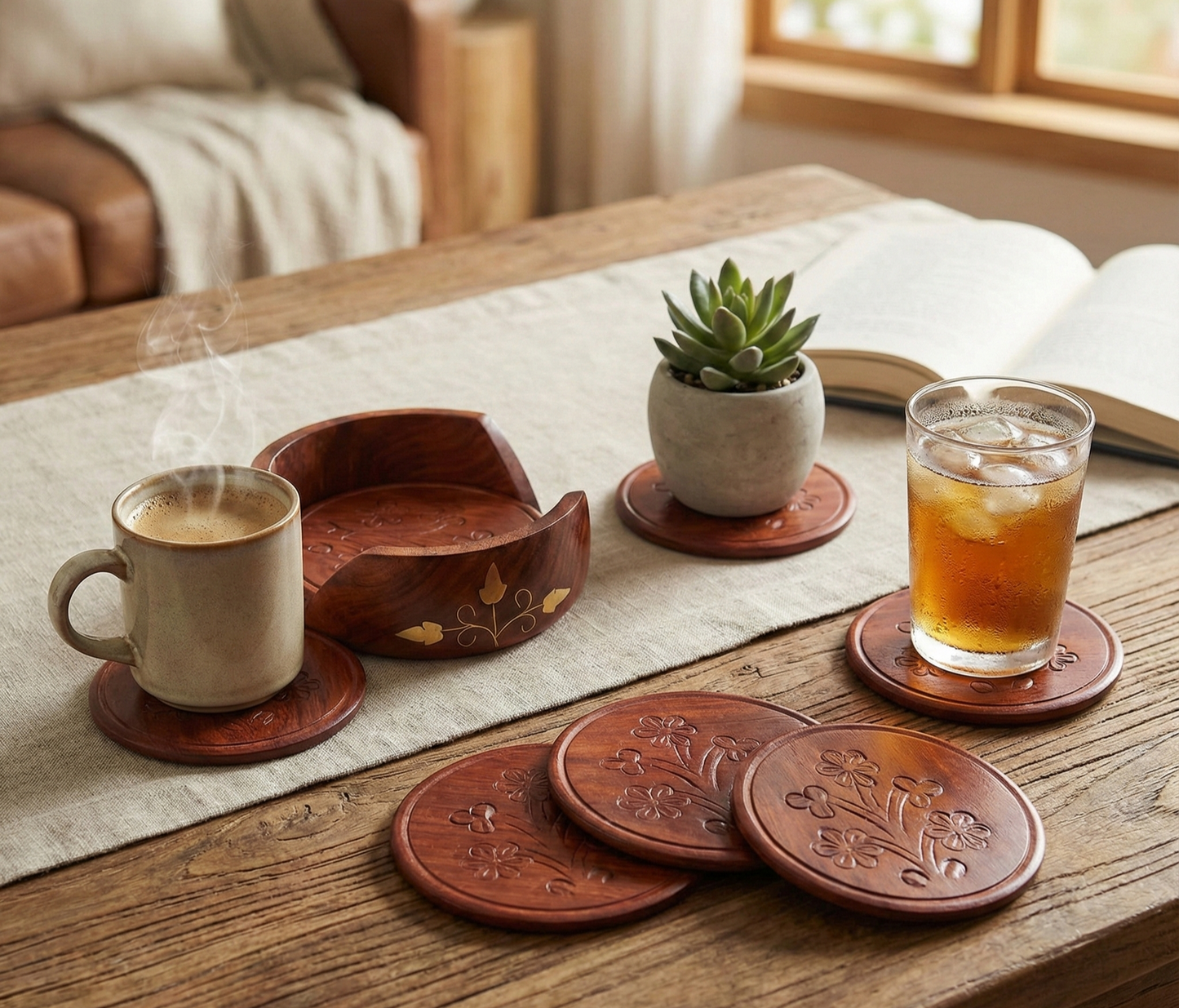 Elegant Wooden Coaster Set with Brass Petals - 4 inch x 4 inch x 2 inch