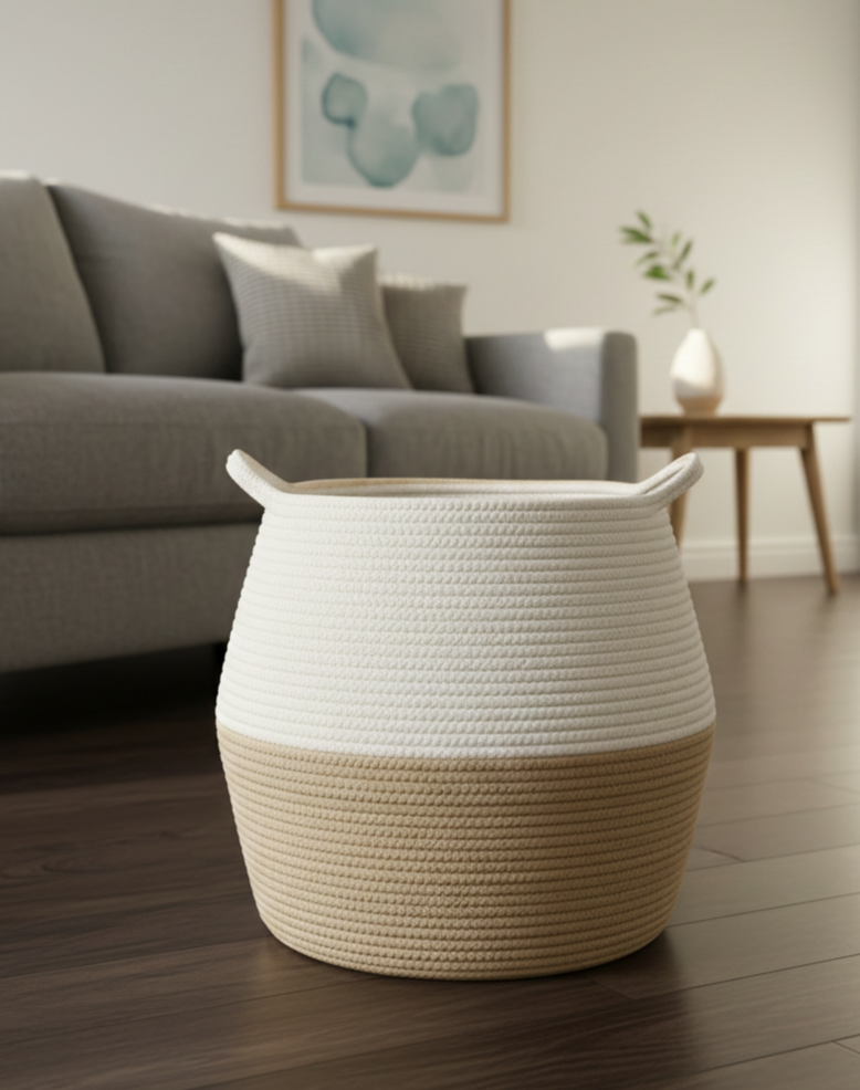 White & Beige Contemporary Cotton Basket - 16 inch x 16 inch x 12 inch