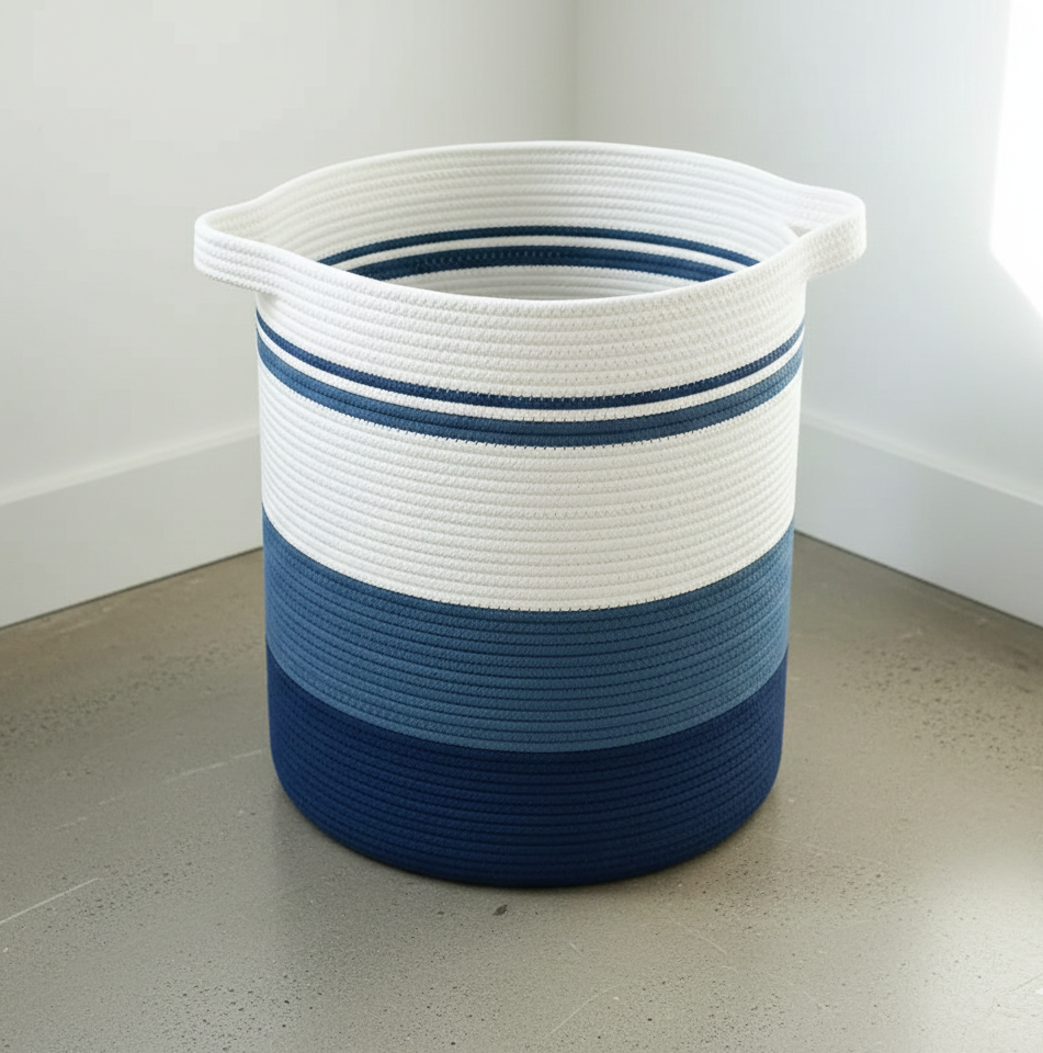 White, Blue Cotton Laundry Basket & Storage Organiser with Handles - Medium, Large