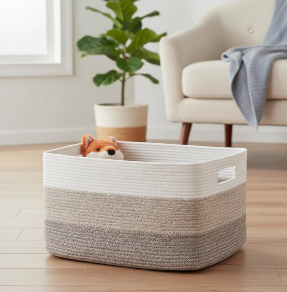 White & Brown Storage Basket with Handle - Medium, Large