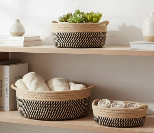 Beige & Black Cotton Shelf & Storage Basket - Set of 3