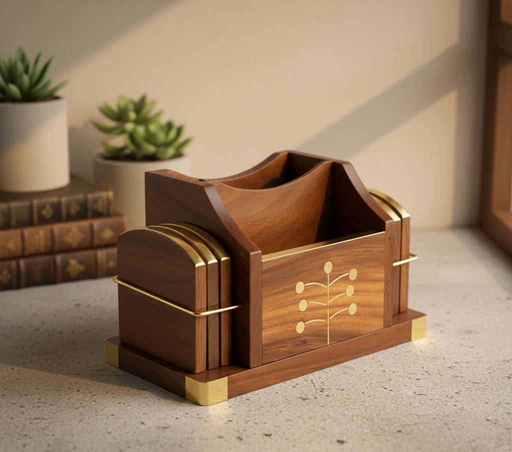 Multipurpose Wooden Cutlery Stand & Coaster Set - 6 inch x 4 inch x 3.3 inch