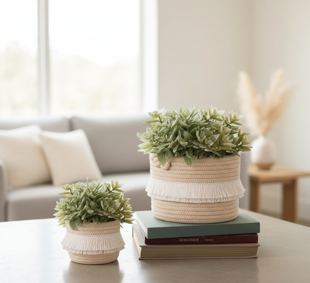 Beige Cotton Fancy Storage Basket / Planter - Multiple Sizes