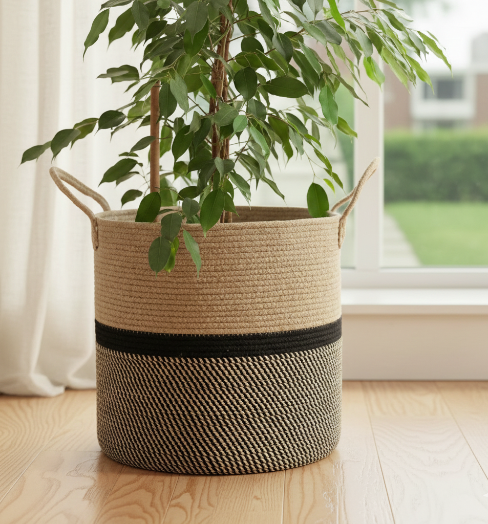 Beige & Black Cotton Planter & Storage Basket