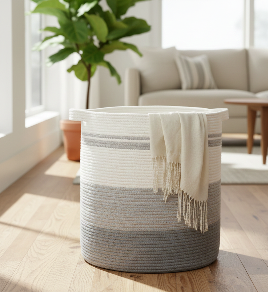 White, Grey Cotton Laundry Basket & Storage Organiser with Handles - Medium, Large