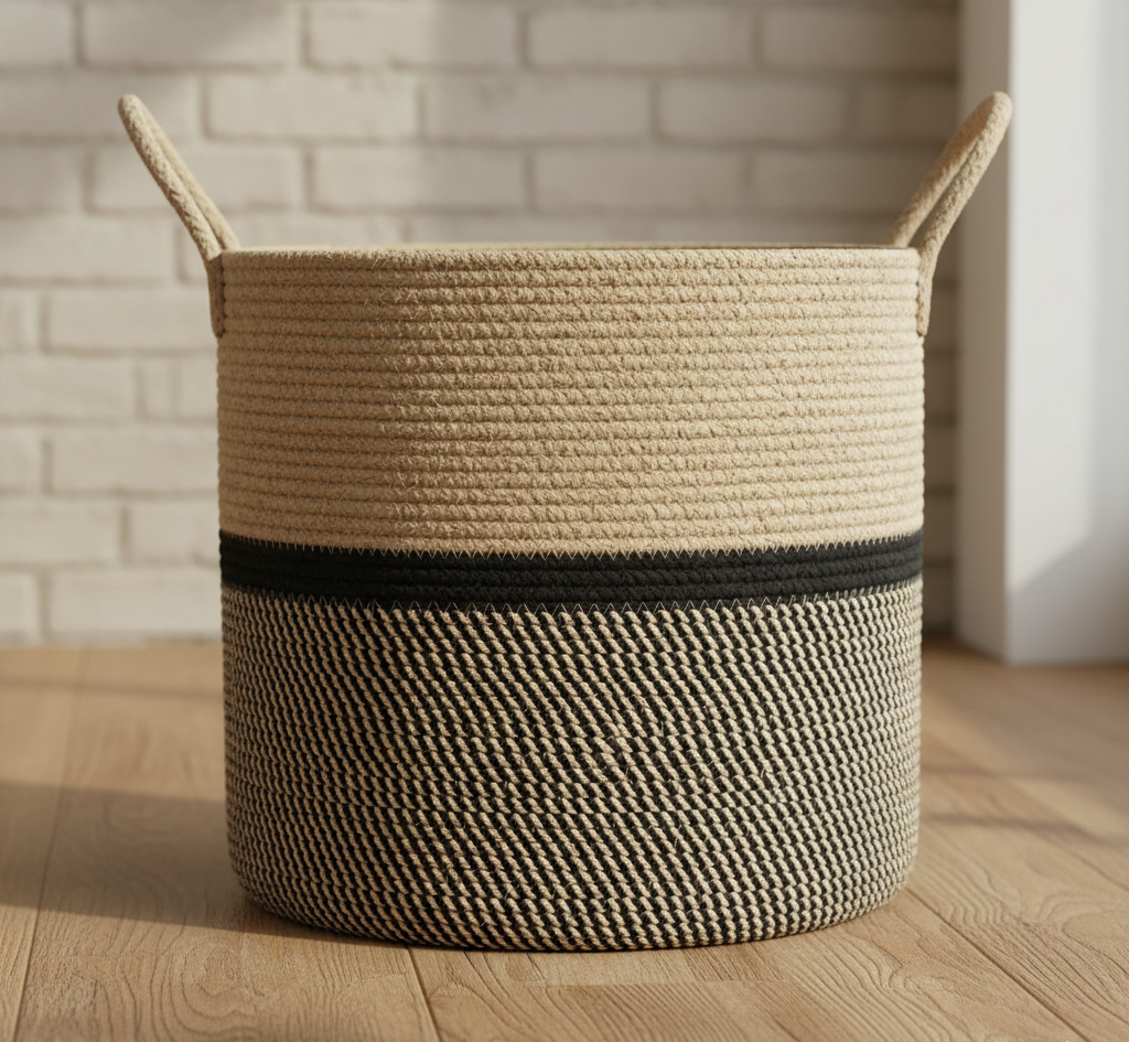 Beige & Black Cotton Planter & Storage Basket
