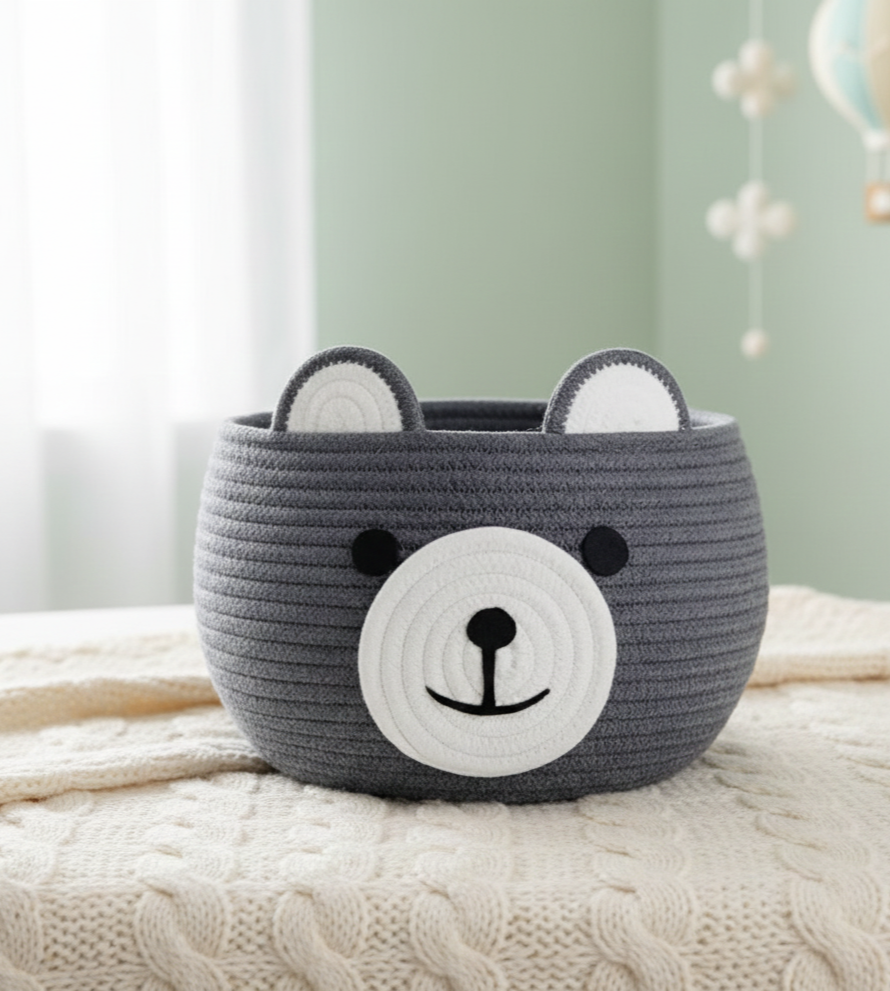 Kids Grey Bear Cotton Organizer Basket / Planter - Customizable