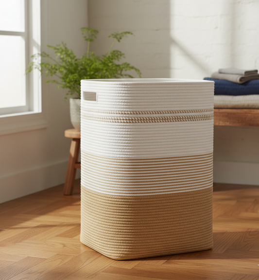 White & Beige Cotton Rope Storage Basket - 18 x 15 x 11 inch