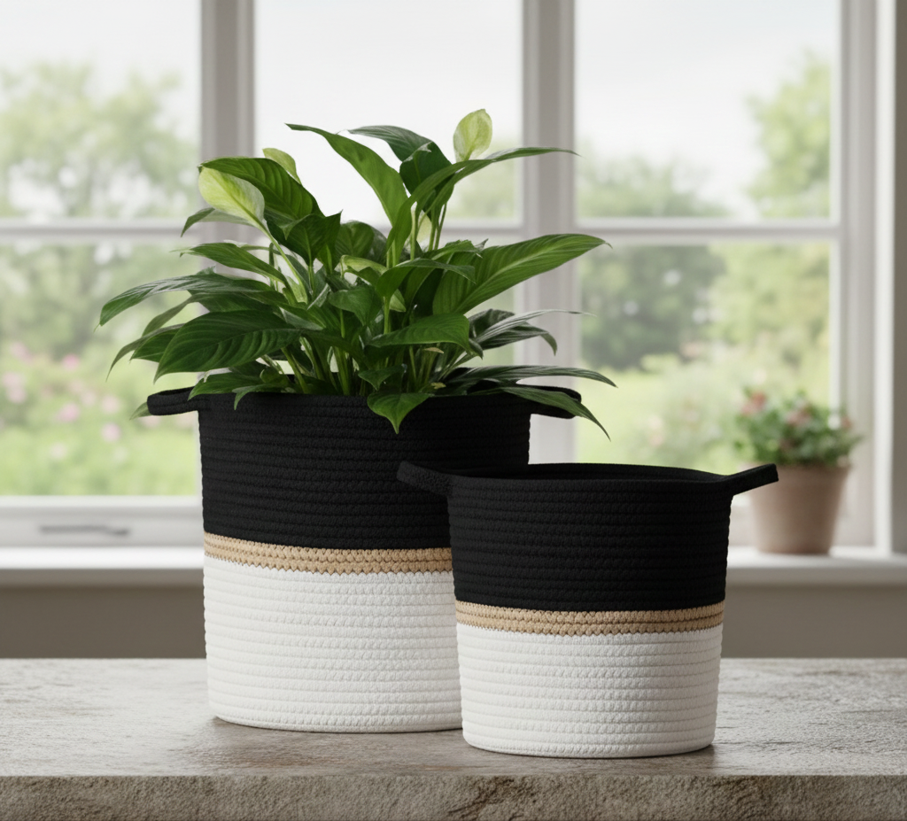 White & Black Cotton Storage Basket / Planter - Multiple Sizes