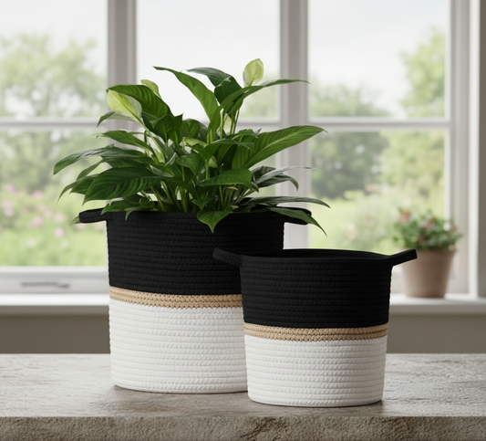 White & Black Cotton Storage Basket / Planter - Multiple Sizes