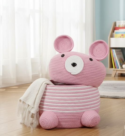 Handcrafted Bear Kids Storage Basket with Lid - Multiple Colors