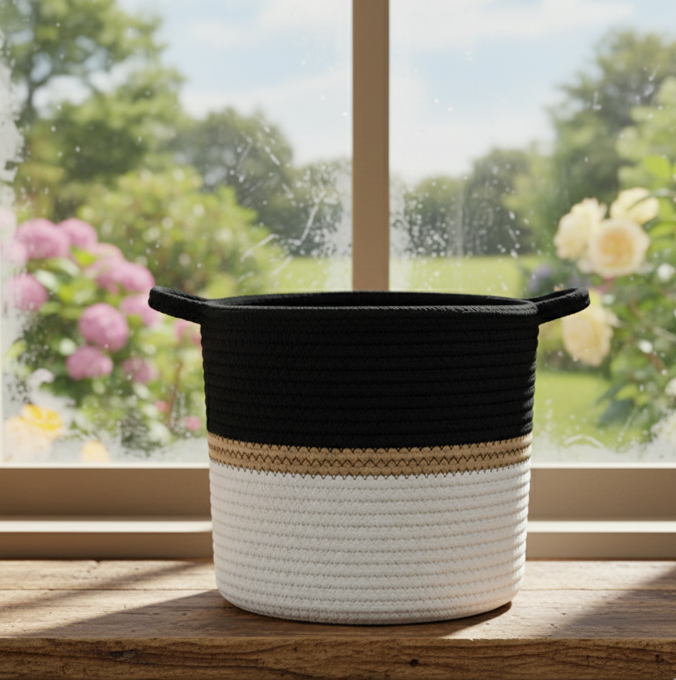 White & Black Cotton Storage Basket / Planter - Multiple Sizes