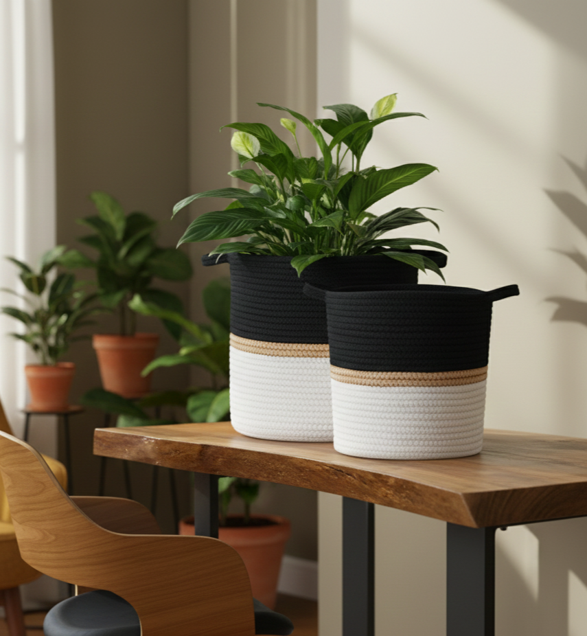White & Black Cotton Storage Basket / Planter - Multiple Sizes