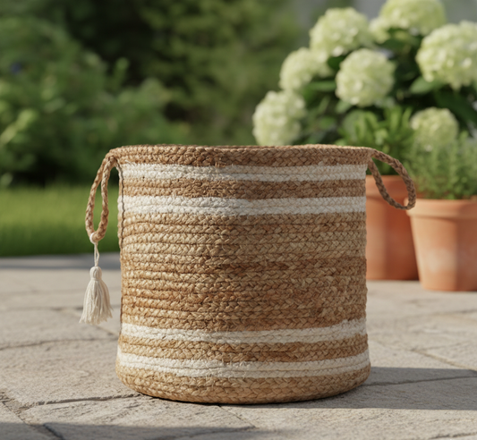 Beige & White Jute Storage Basket / Planter - Multiple Sizes