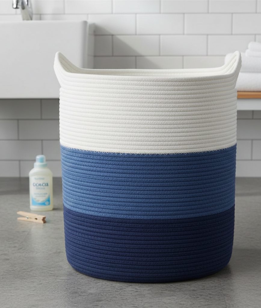 White & Blue Cotton Storage Basket with Handles - Medium, Large