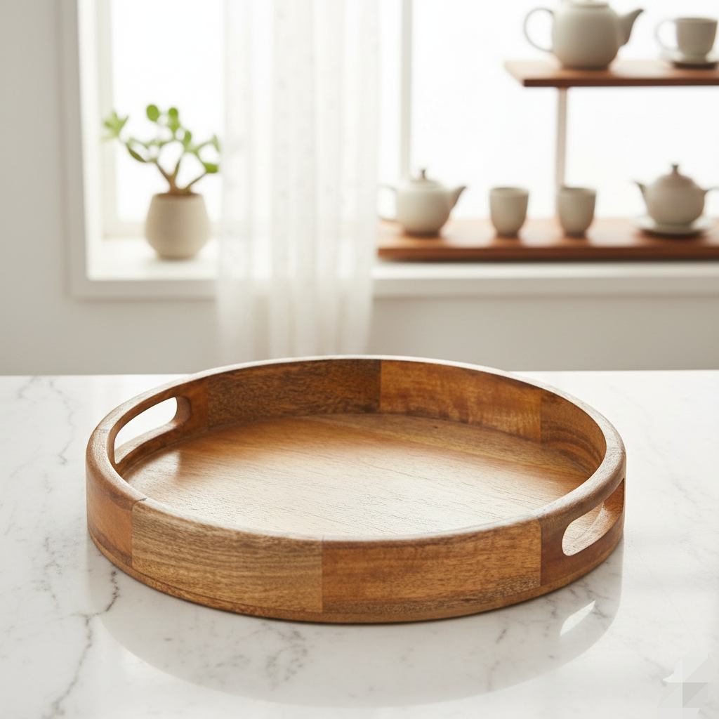 Handcrafted Wooden Round Table Tray - 12 inch
