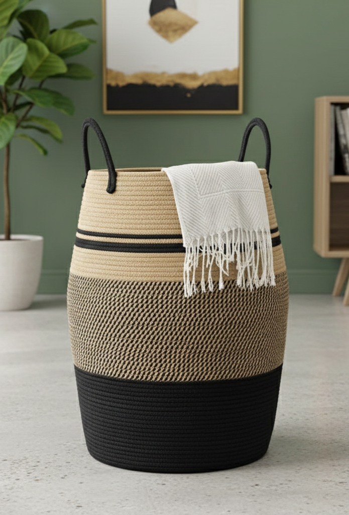 Black & Beige Natural Fiber Laundry Clothes Basket - Multiple Sizes