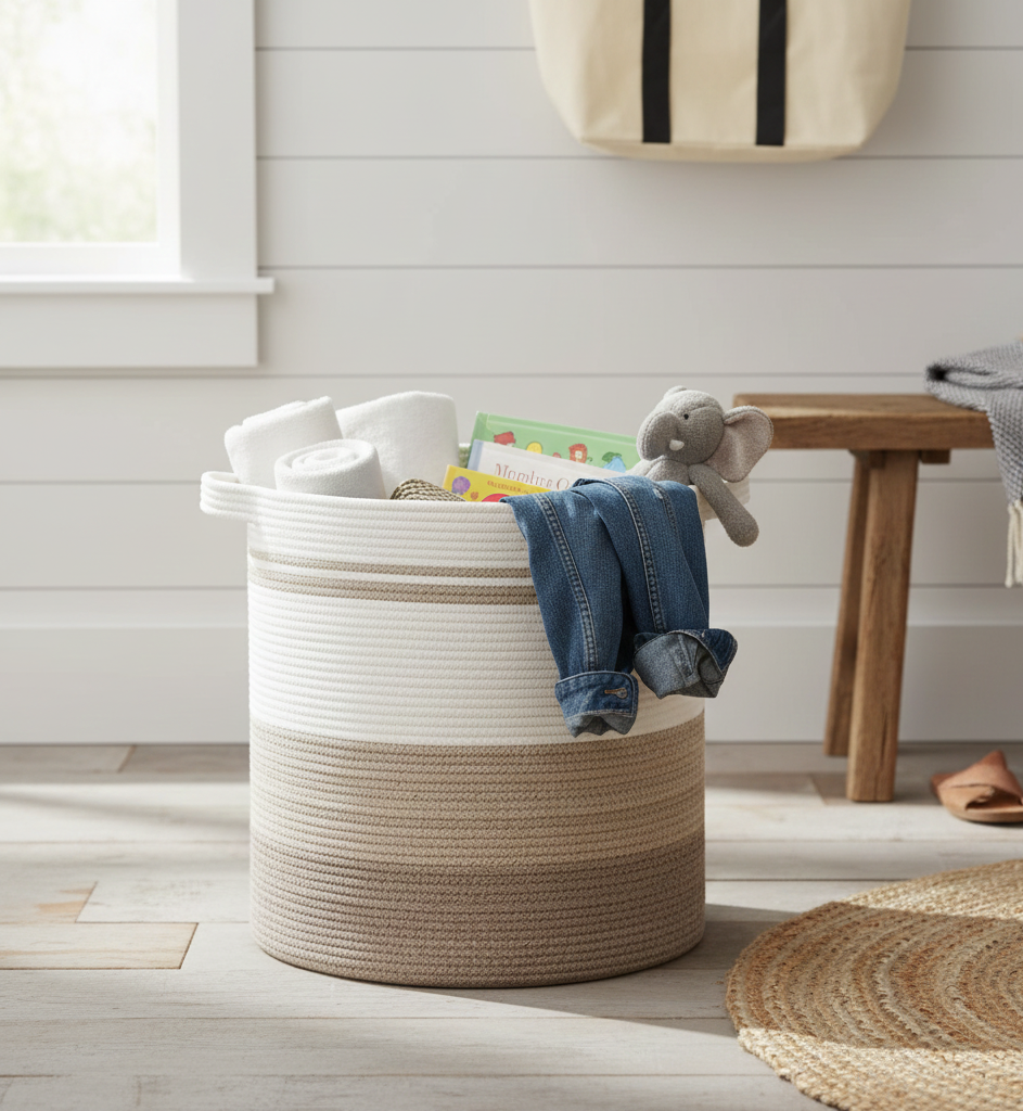 White, Beige & Brown Cotton Laundry Basket & Storage Organiser - Medium, Large