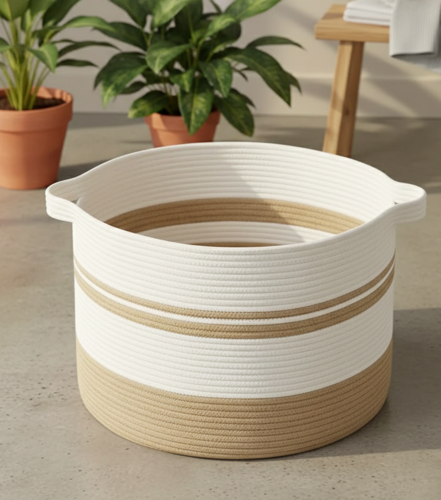 White & Beige Cotton Laundry Organizer - Small, Medium, Large